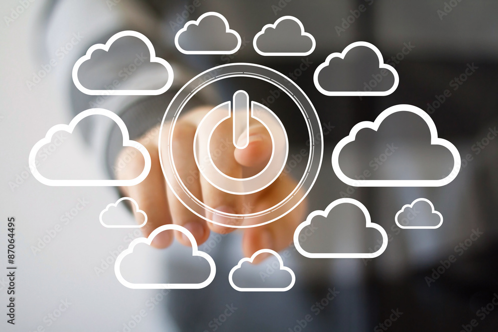 Poster businessman push button power connection network cloud