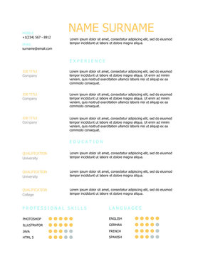 Professional clean styled resume/cv template design with orange and blue headings. 