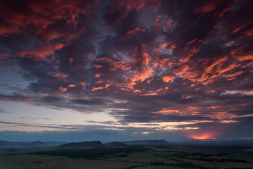 Landscape of Khakassia. Sunrise top view of the valley. South Si