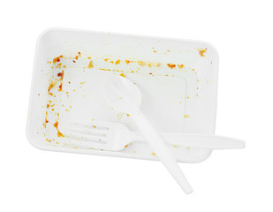 white plastic food container trash bag on white background