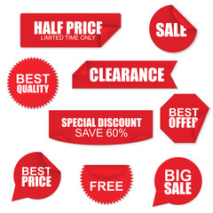 Set of red paper sale stickers on white background