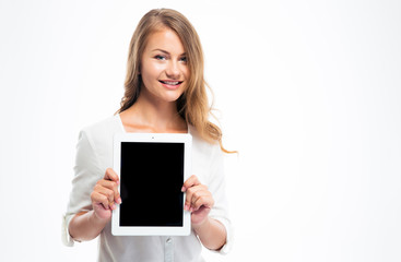 Student showing blank tablet computer screen