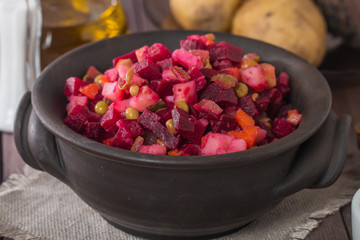 Beet salad Vinaigrette in a clay bowl