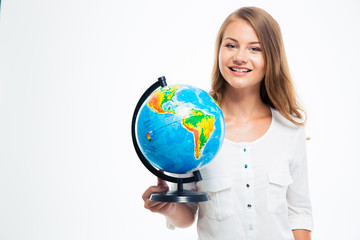 Happy young girl holding globe