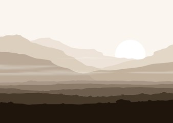Lifeless landscape with huge mountains over sun.