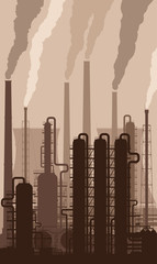 Oil refinery silhouette with smoking chimneys