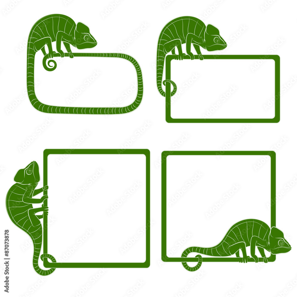 Poster set of icons with green chameleon. isolated objects on a white background. vector illustration.
