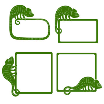     Set of icons with green chameleon. Isolated objects on a white background. Vector illustration. 