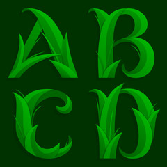 Fototapeta na wymiar Decorative Grass Initial Letters A, B, C, D. Vector illustration of alphabet letters in caps, the A, B, C, D in the grass design over a dark green background.