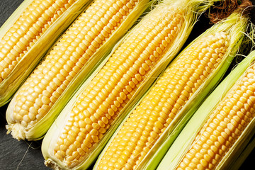 Ripe yellow corn, top view, food background, selective focus
