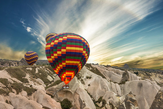 balloons in mountain, Cappadocia, Turkey