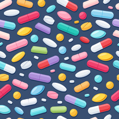 Colorful pills seamless pattern. Vector dark background.