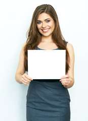 business woman isolated portrait with white blank card.