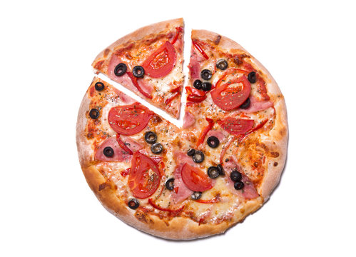 Top view of delicious pizza with ham and tomatoes with a slice r