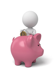3d people throw a bit-coin into a piggy bank. 3d image. Isolated white background.