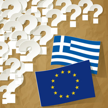 Flags of European Community and Greece on a crumpled paper brown background with question marks.