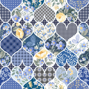 seamless patchwork pattern with roses and butterflies in blue