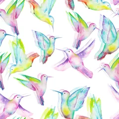 Fototapete Schmetterlinge Seamless pattern of colored colibri painted with watercolors on a white background
