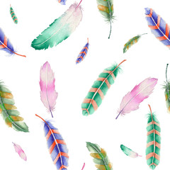 Seamless pattern of colored feathers painted with watercolors on a white background