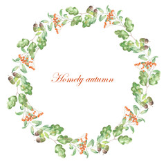 Wreath of rowan, oak leaves and acorn painted in watercolor on a white background; frame,  decoration postcard or invitation for wedding, celebration, holiday