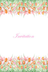 Floral watercolor invitation with tulips on a white background, decoration postcard or invitation for wedding, celebration, holiday