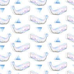 Seamless pattern of the doubly whale and the blue triangle painted in watercolor on a white background
