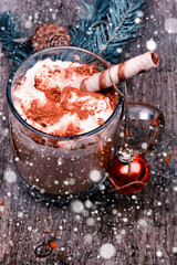 Christmas coffee with milk cocoa branches spruce cones Christmas ball New Year Winter snow