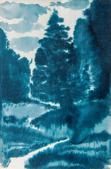 Fototapeta na wymiar blue watercolor landscape