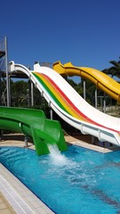 Colorful water slides and pool