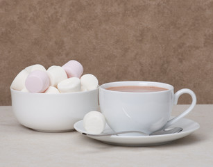 Heap Of Marshmallows In White Bowl. Hot Chocolate Drink