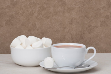 Heap Of Marshmallows In White Bowl. Hot Chocolate Drink