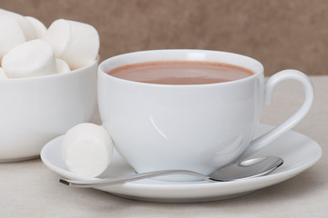 Heap Of Marshmallows In White Bowl. Hot Chocolate Drink