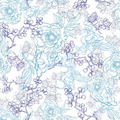 Vector Blue Japanese Floral Kimono Line Art Seamless Pattern