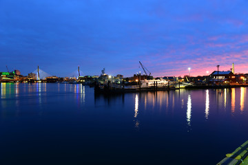 Boston Harbor, Zakim Bunker Hill Bridge and Bunk Hill Monument at sunset, Boston, Massachusetts