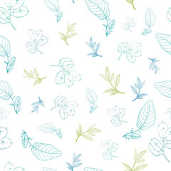 Vector Green Blue Leaves Branches Drawing Seamless Pattern
