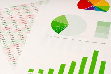 multi color pie and green bar charts