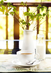 Cup of coffe on table on a terrace
