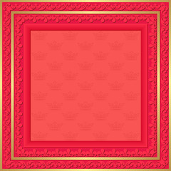 red background with vintage frame and crowns pattern