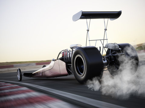 Dragster racing down the track with burnout. Photo realistic 3d model scene with room for text or copy space.