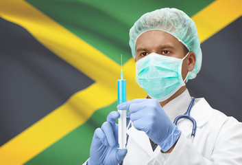 Doctor with syringe in hands and flag on background series - Jamaica