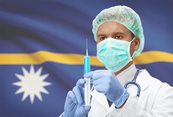 Doctor with syringe in hands and flag on background series - Nauru