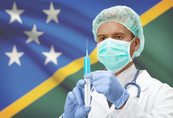 Doctor with syringe in hands and flag on background series - Solomon Islands