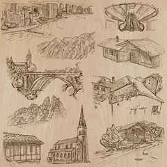 architecture and places around the world - freehand drawings