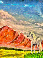 horse on mountain meadow, original painting and computer post pr © jozefklopacka