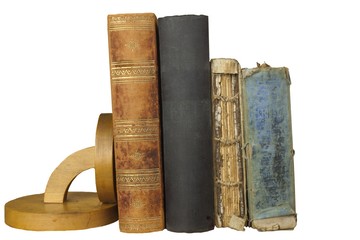 Front view of old books stacked on a shelf. Books without title and author. Isolated on white background, place for your text. Studying and reading history books.