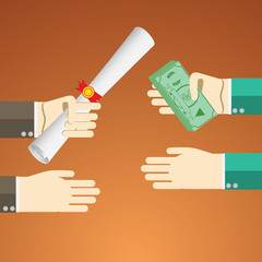 Flat design vector illustration concept for payed education process. Concepts for hands buying diploma scroll with money.