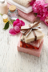 Obraz na płótnie Canvas Bars of handmade soap and other natural cosmetics