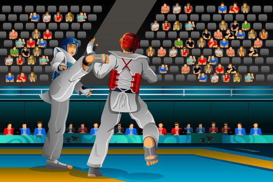 Men Competing in a Taekwondo Competition