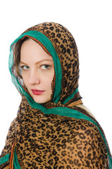Woman wearing traditional clothing on white