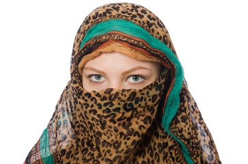 Woman wearing traditional clothing on white